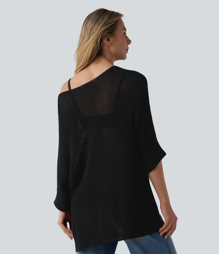 Na jedno ramię z rękawem 1/2 z rozcięciem u dołu oversize sweter na co dzień z kieszenią